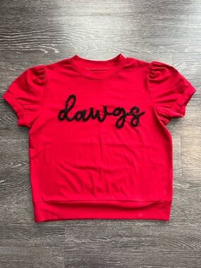 Stewart Simmons UGA Dawgs Red Glitter Script Puff-Sleeve Top